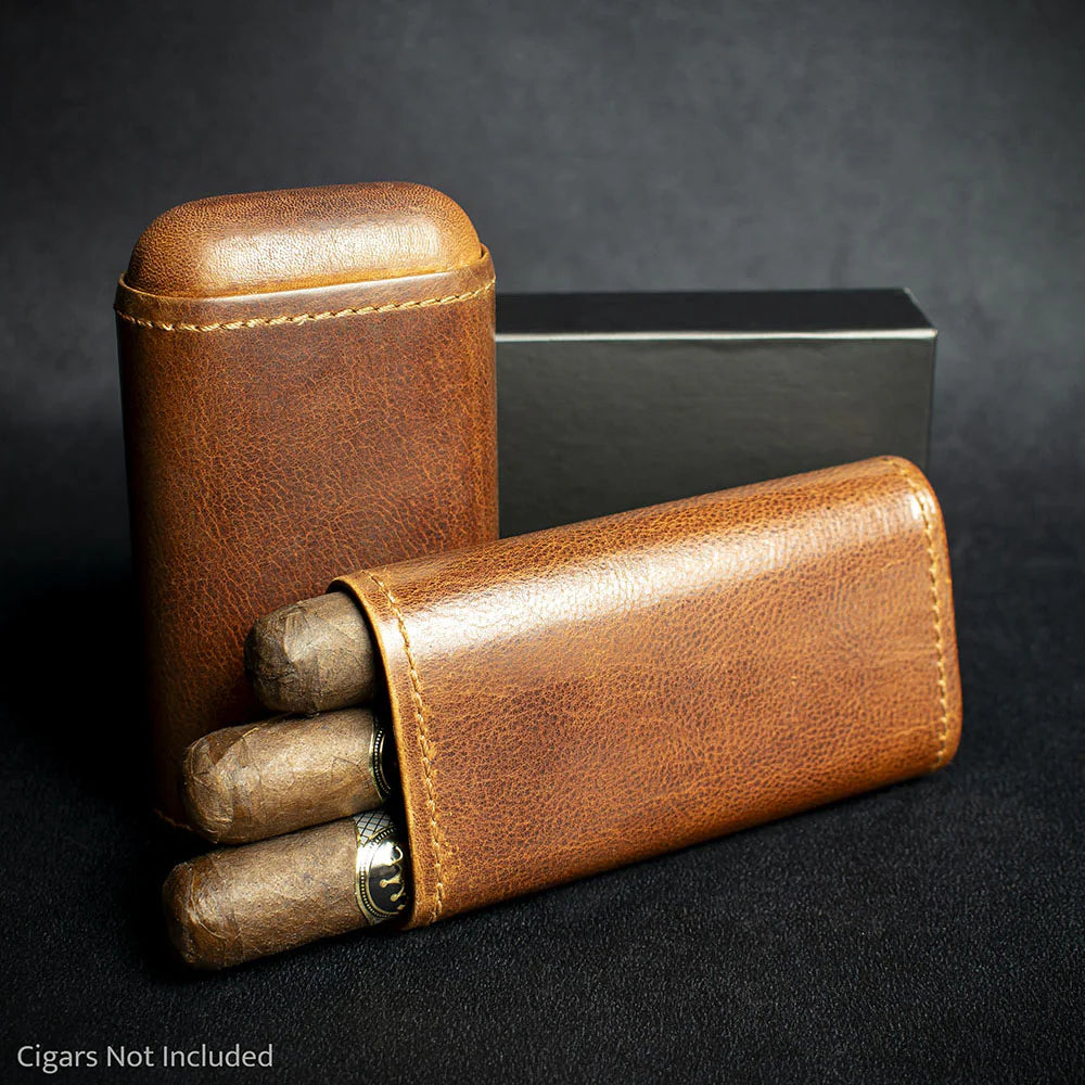 Artamis Cognac Leather Cedar Lined Cigar Case - 3 Robustos