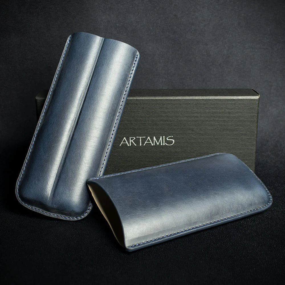 Artamis Navy Blue Leather Cigar Case - 2 Churchills