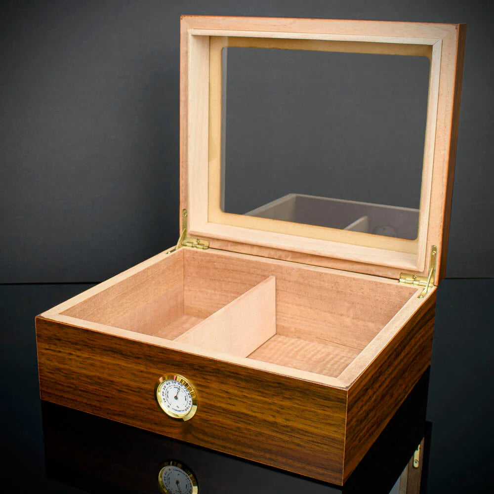 Cigar Humidor Glass Top Walnut Veneer HU19 - 25 Cigar Capacity