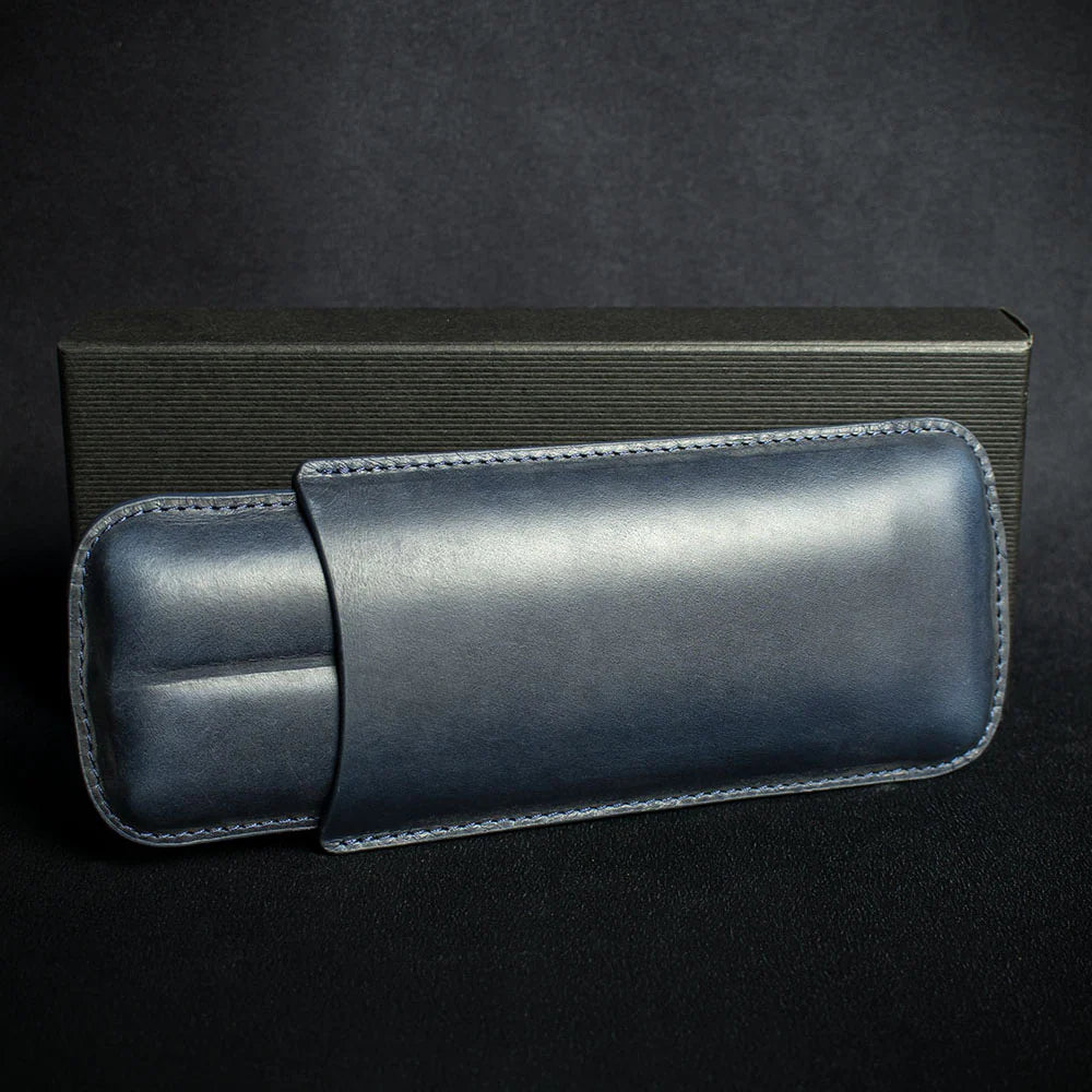 Artamis Navy Blue Leather Cigar Case - 2 Churchills