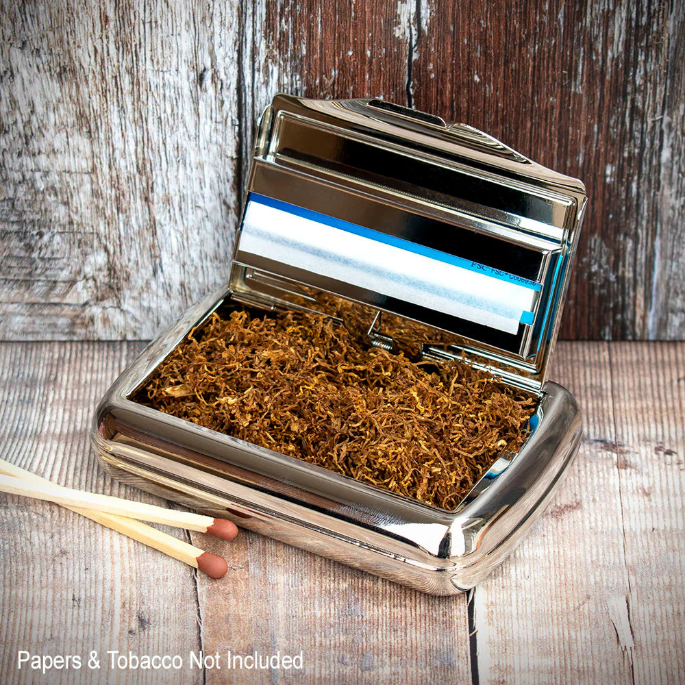 Tobacco Tin with Paper Holder - Polished Chrome with Black Panel