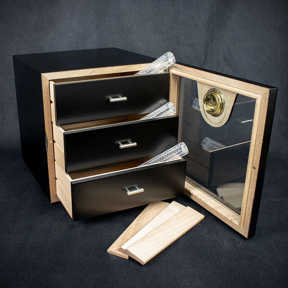 Smoke-King 3 Drawer Cigar Cabinet Humidor - Black & Acrylic - 40 -50 Cigars