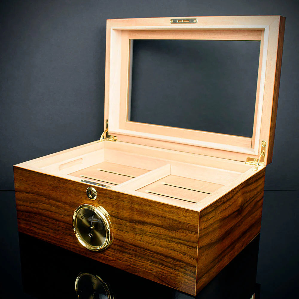 Cigar Humidor Glass Top Walnut Veneer HU20 - 75 Cigar Capacity