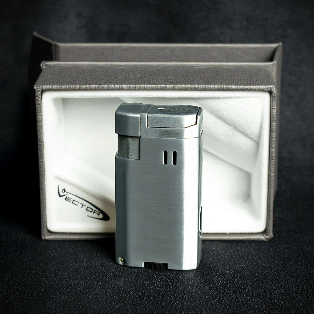 Vector VMotion Twin Jet Flame Lighter With Punch Cutter - Matte Chrome