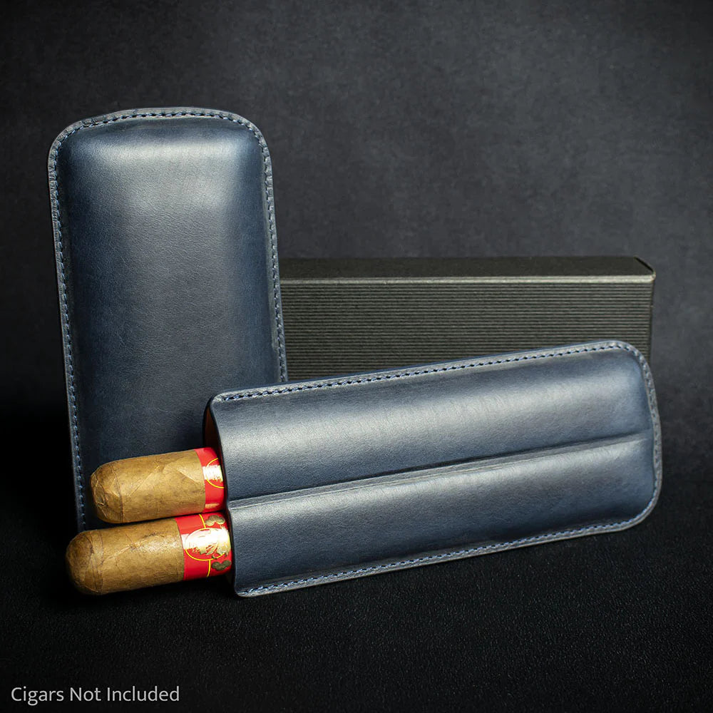 Artamis Navy Blue Leather Cigar Case - 2 Churchills